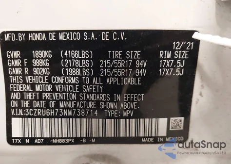 2022 Honda Hr-V Awd Ex-L z USA, uszkodzony, nr VIN 3CZRU6H73NM738714